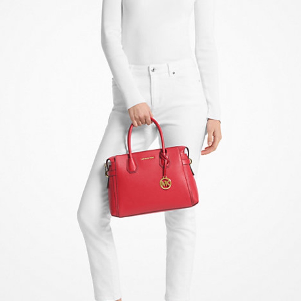 Michael Kors Mercer Medium Top-Zip Belted Satchel Crossbody Purse 
BRIGHT RED
NW - Picture 3 of 16